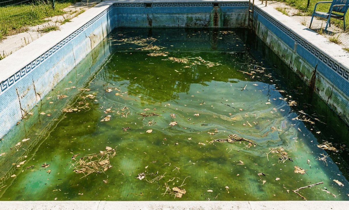 Swimming pool with green algae